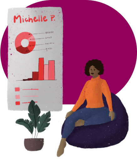 large visualization of data, in charts and graphs, with Michelle sitting beside.
