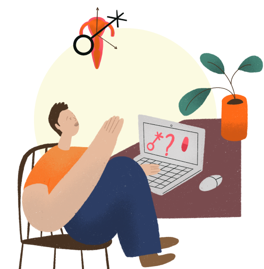 Jesse sitting at kitchen table, in front of a laptop, looking up at uterus shaped clock on the wall.