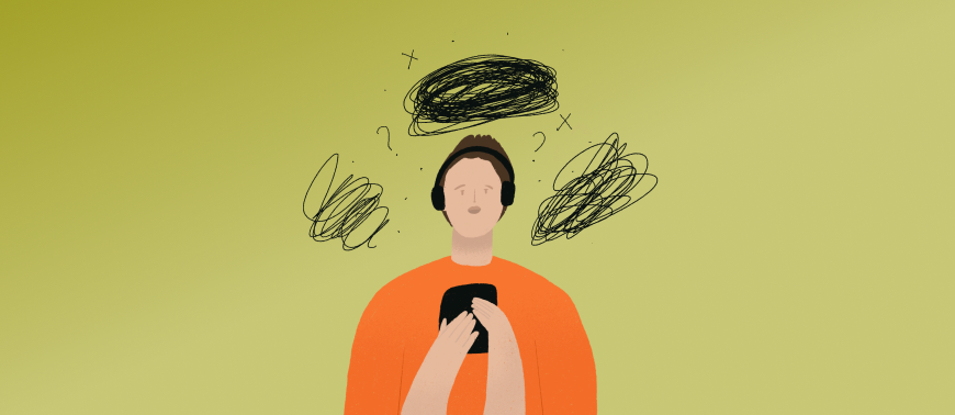 Jesse, wearing headphones and looking at a phone/tablet, with squiggles, x's and question marks floating around their head.
