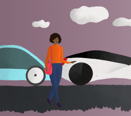 Michelle walking outside, with two futuristic cars in the background.