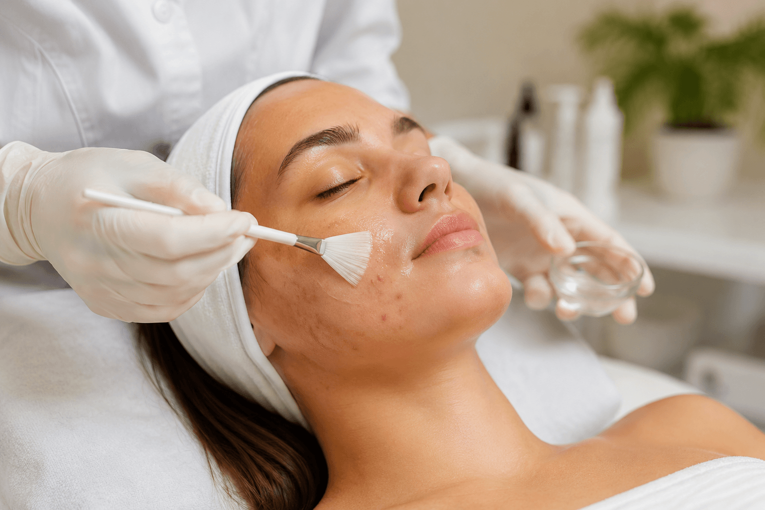 Adult patient receiving a Chemical Peel in Ocala, Florida to help reduce acne breakouts, improve skin texture, and minimize acne scars.