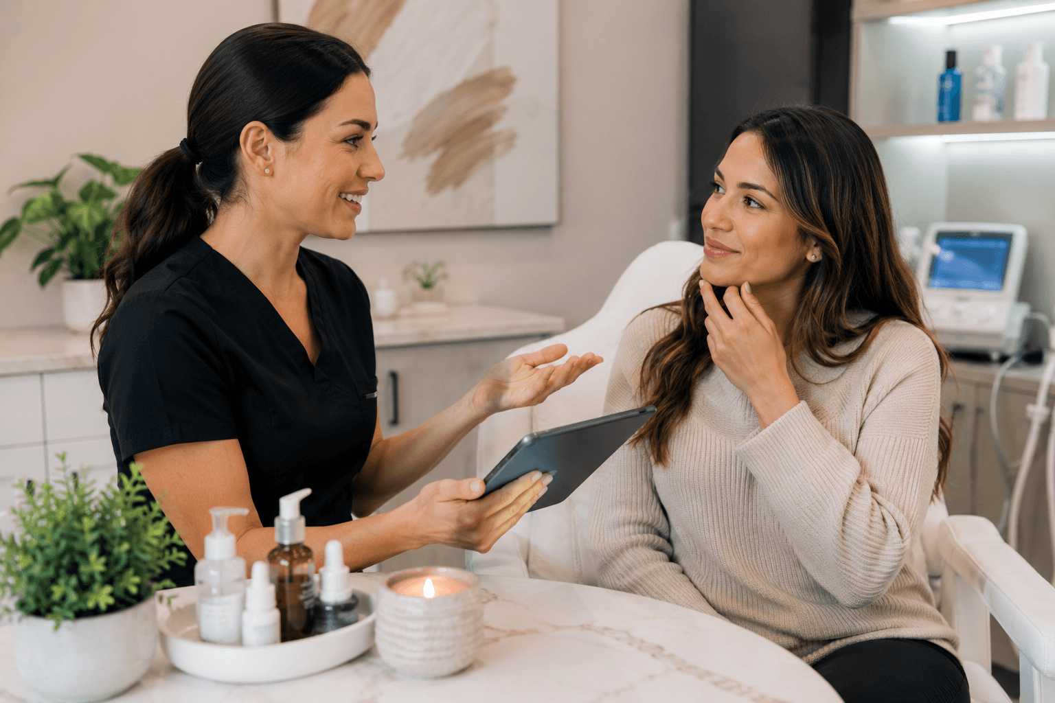 Esthetician consulting with a client at a facial clinic in Ocala, Florida