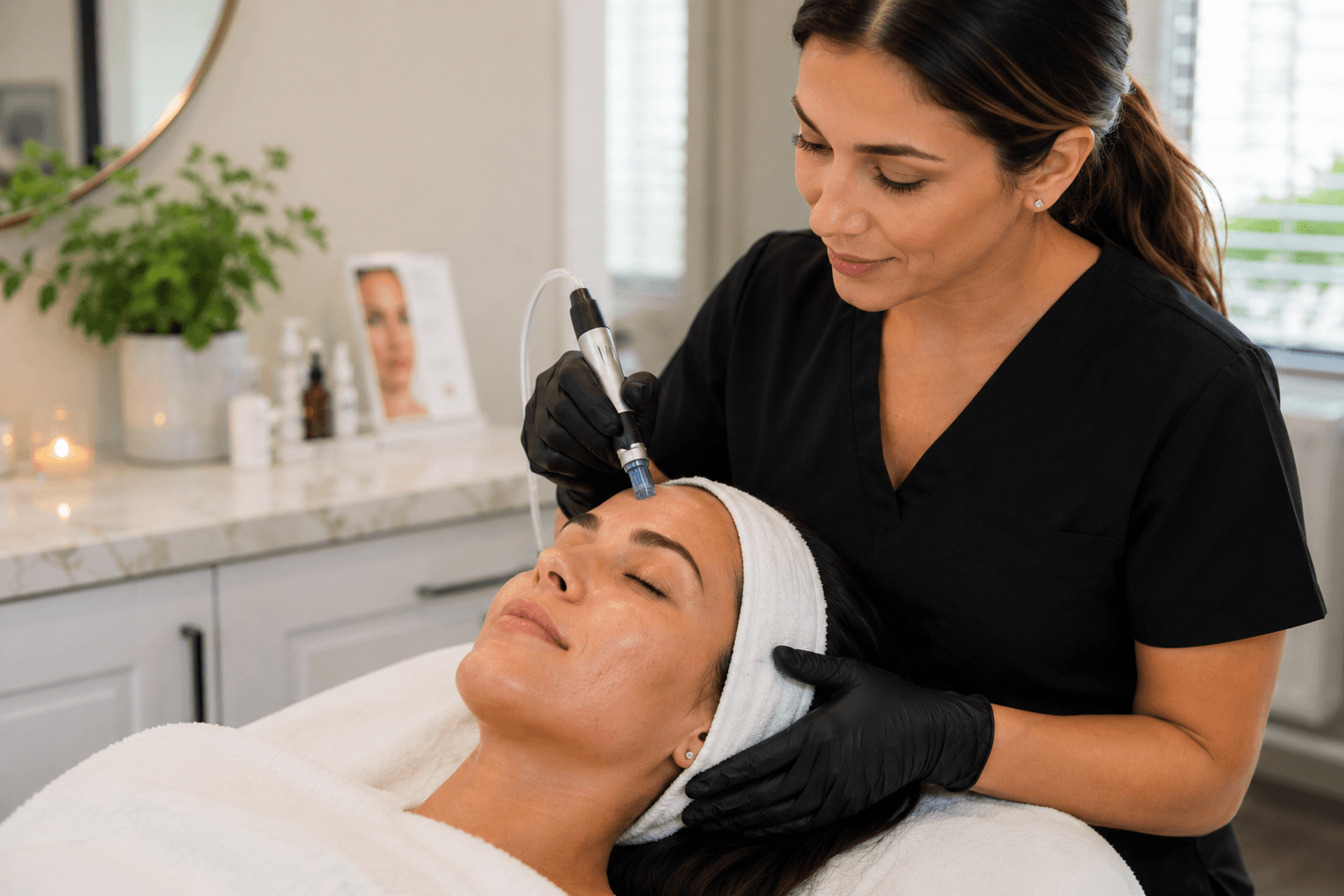 Microneedling treatment being performed on a client's cheek in Ocala, Florida