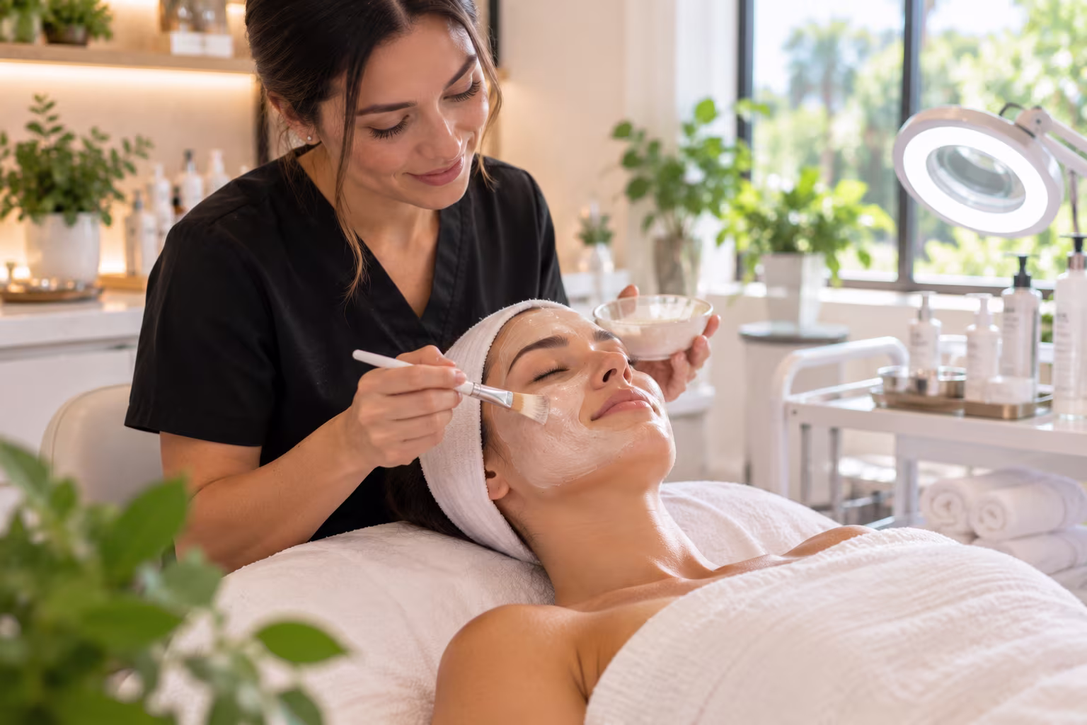 Esthetician performing a professional facial treatment on a client's skin at a skin studio in Ocala, Florida