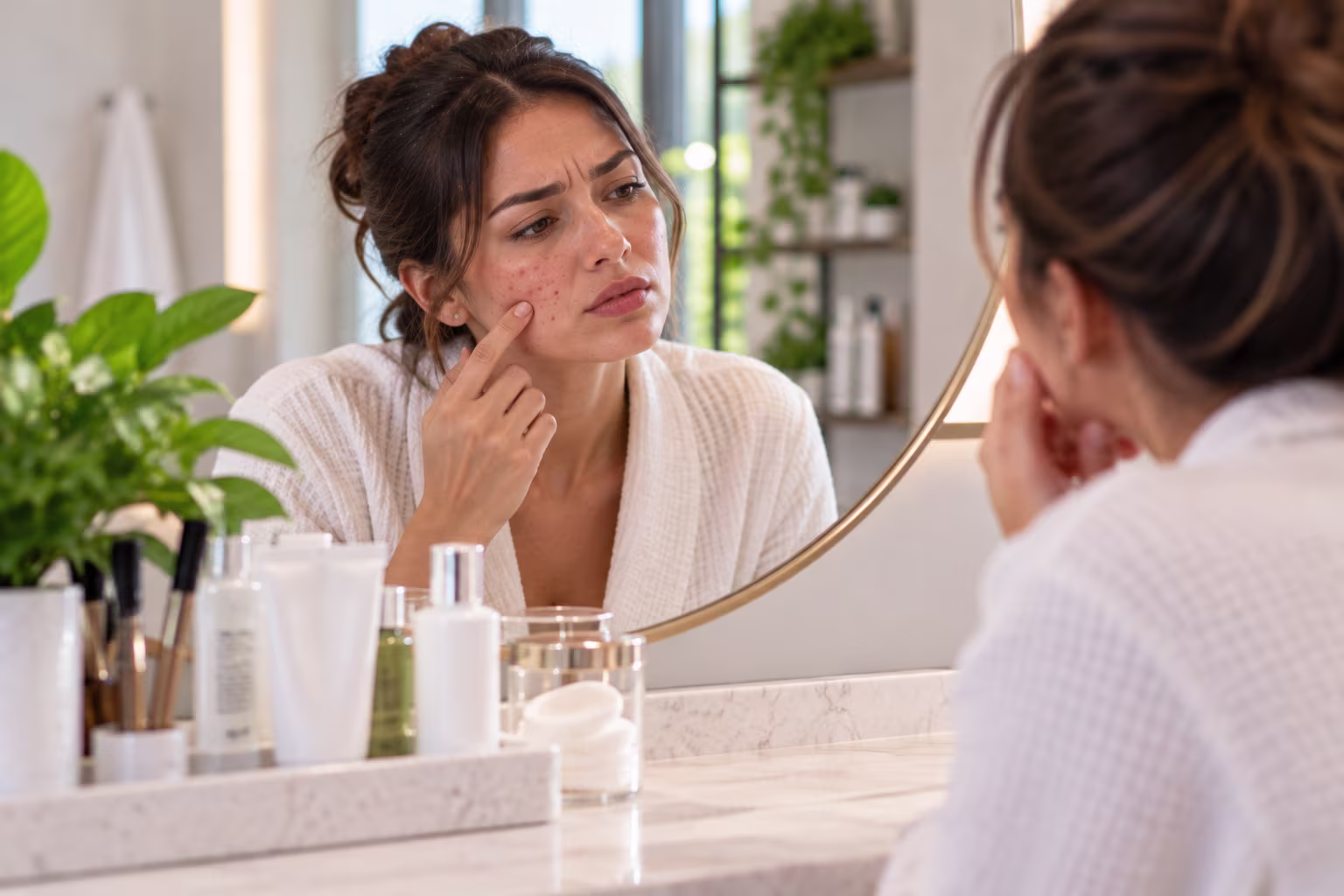 Young adult examining breakouts along the cheek and jawline in a bathroom mirror
