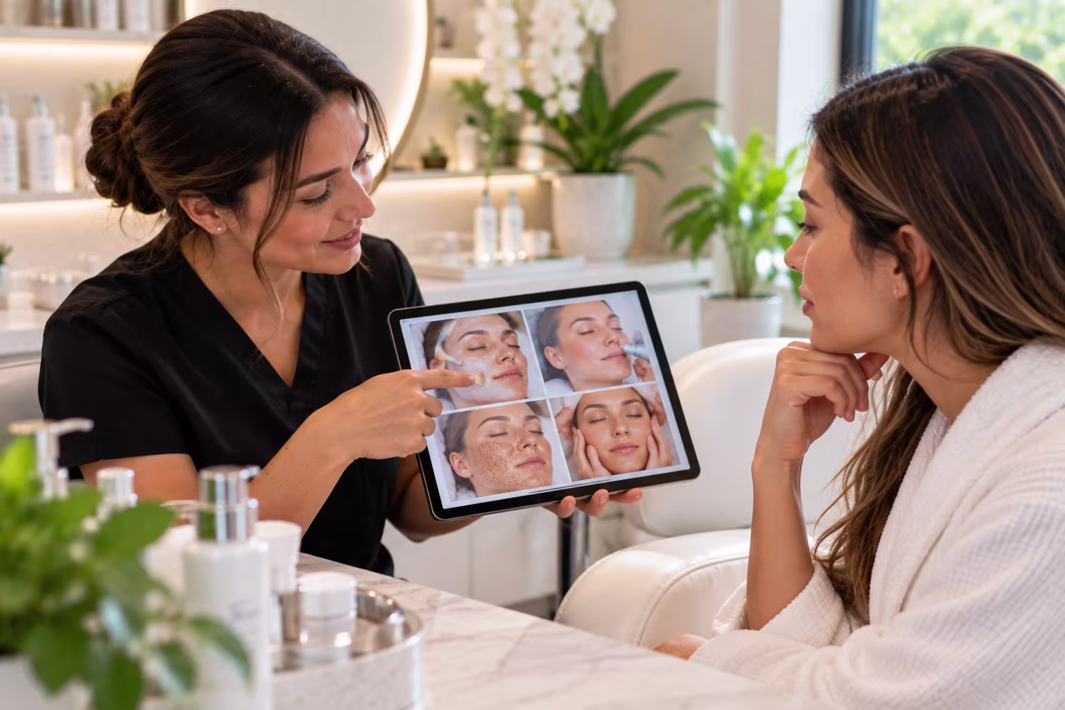 Client relaxing during a customized facial with an esthetician applying a hydrating treatment