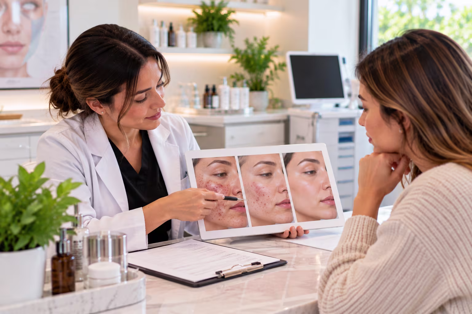 Young woman with mild breakouts talking with a skin care provider about acne treatment options