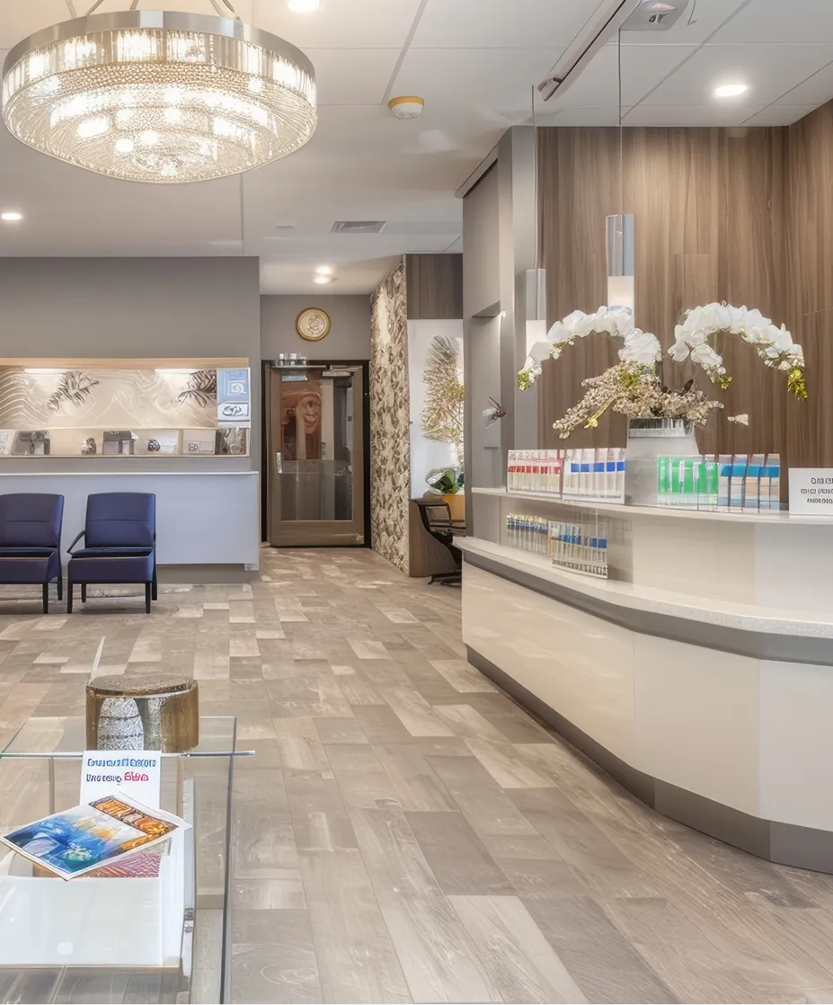 The front desk of a nail salon with a chandelier.