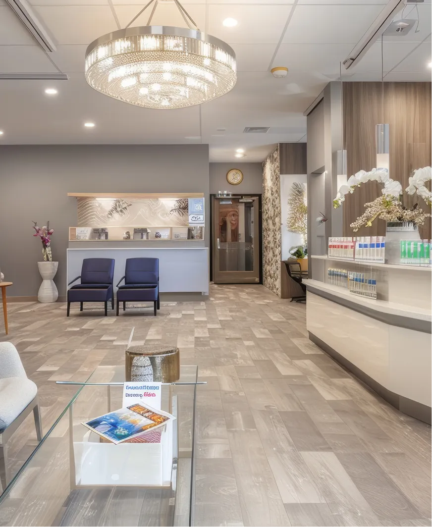 A reception area with chairs, a counter, and a chandelier.