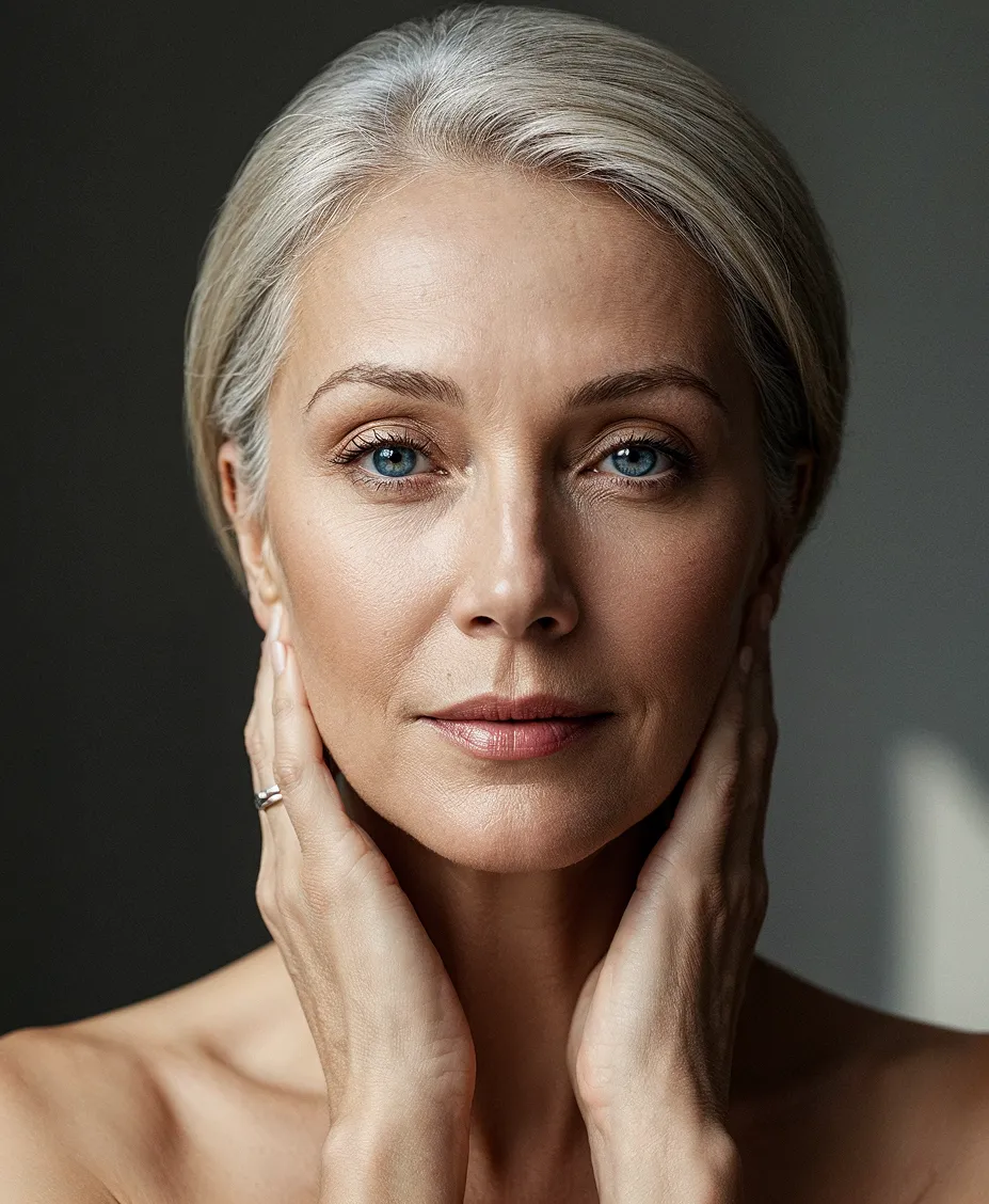 A woman posing for a picture with her hands on her face.