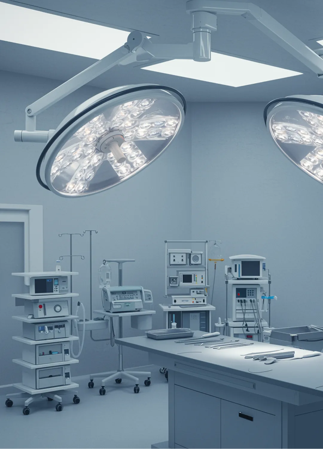 A hospital room with medical equipment and lights.