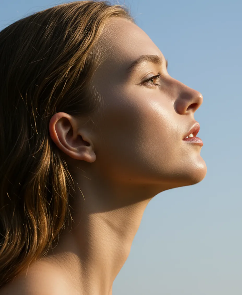 A woman with no shirt is looking up at the sky.