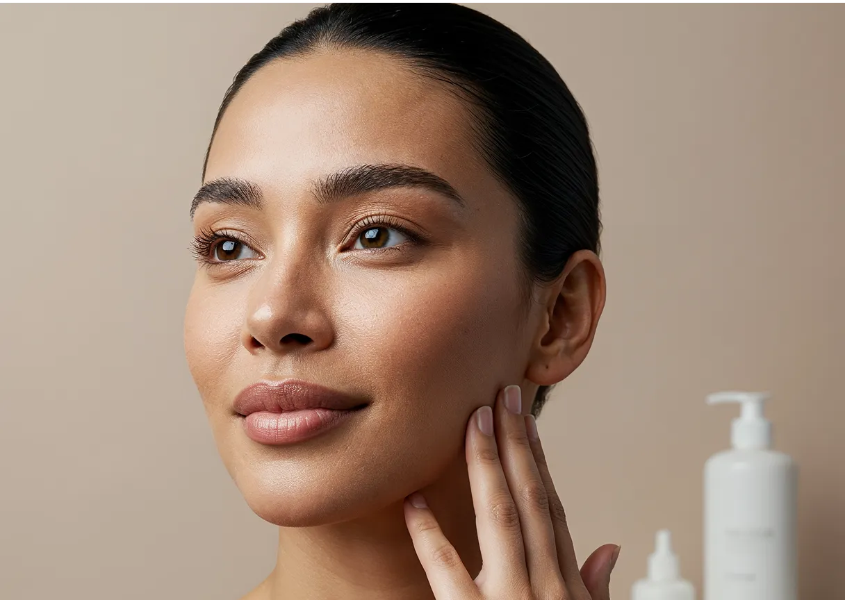 A woman holding her hand up to her face.
