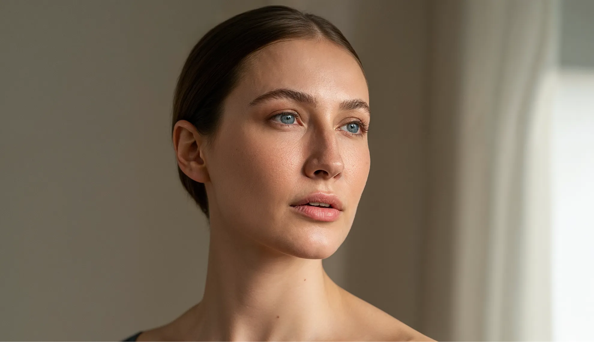 A woman with blue eyes is looking at the camera.