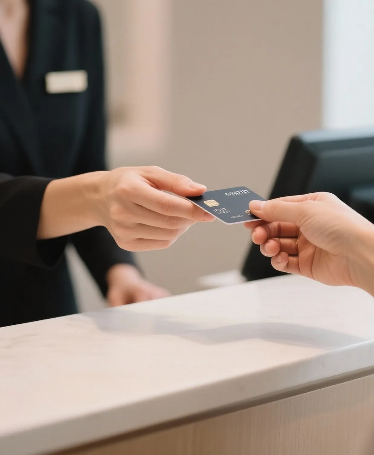 A person handing another person a credit card.
