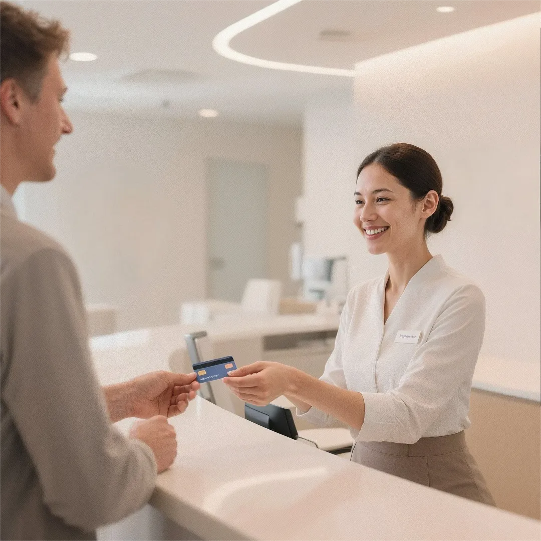 A woman handing a card to a man at a counter.