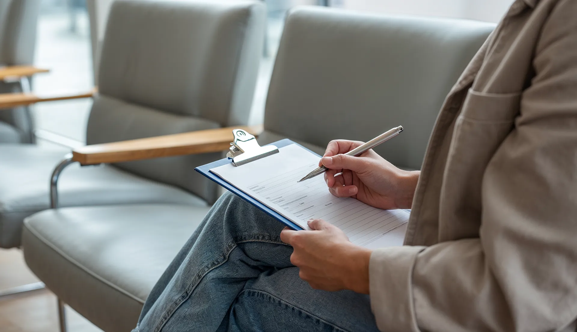 A person sitting on a bench writing on a clipboard.