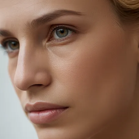 Close-up of a woman's face showing clear skin, greenish eyes, and a neutral expression.