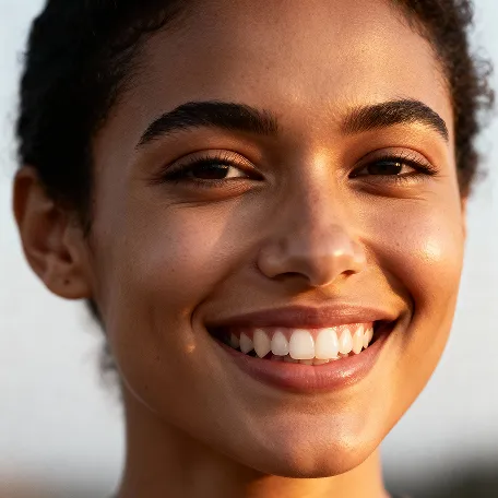 Close-up of a young person with curly hair smiling warmly, with natural light highlighting their face.
