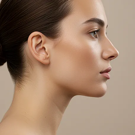 Profile of a woman with smooth skin and dark hair pulled back against a neutral beige background.
