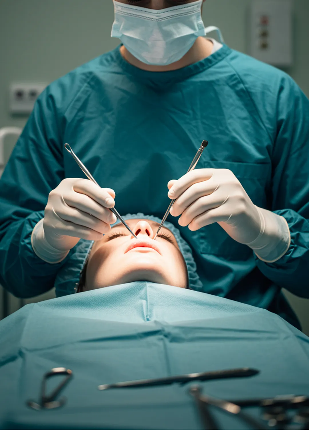 Surgeon in mask and gloves preparing to perform nose surgery on patient lying on operating table.