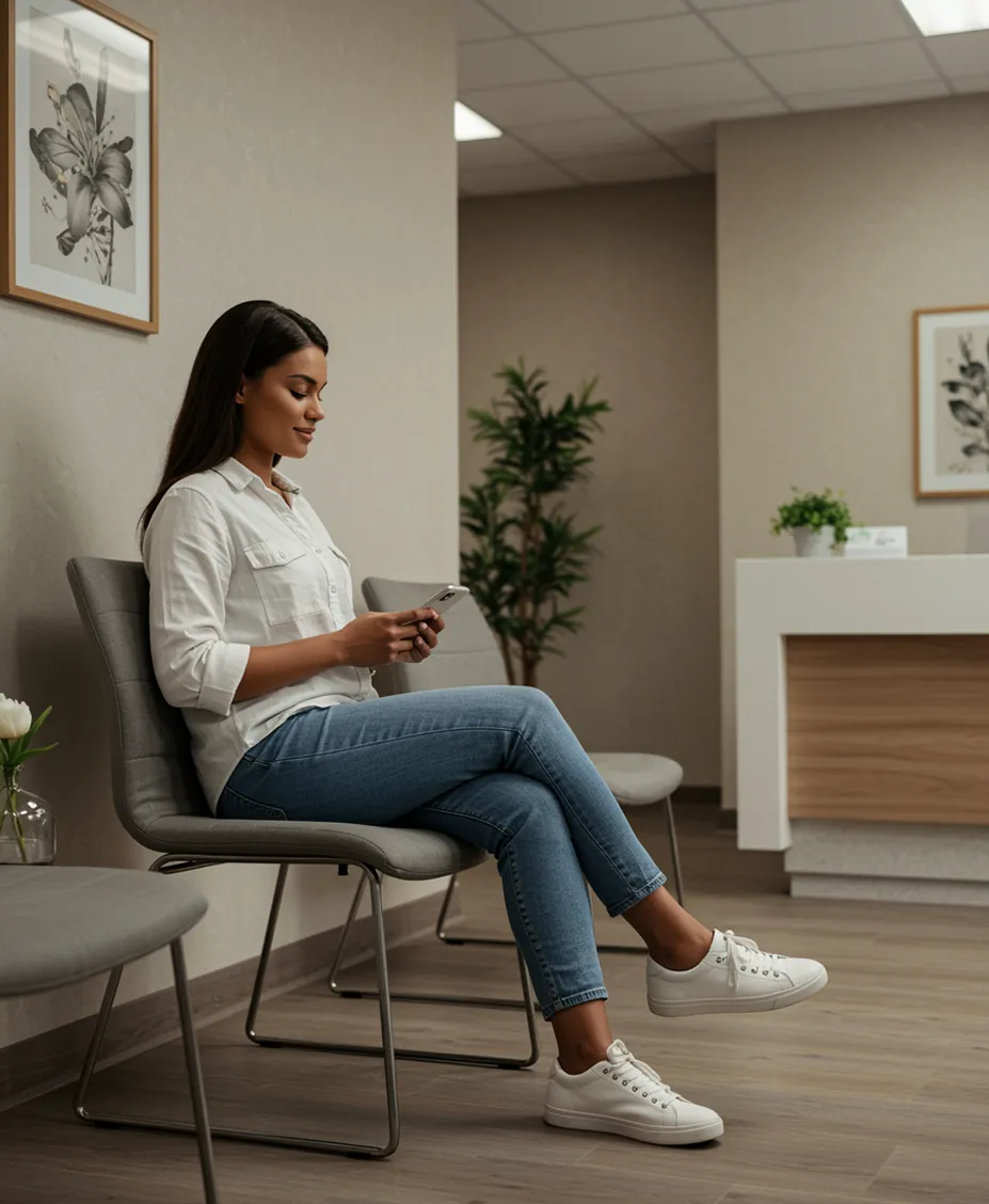 Woman sitting on a chair in a waiting room, looking at her smartphone.