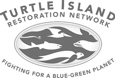 Logo of Turtle Island Restoration Network featuring silhouettes of a turtle, fish, bird, dolphin, and seal inside an oval, with text around it.