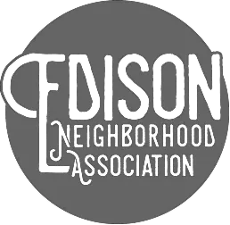 Logo of Edison Neighborhood Association with stylized text inside a circle.