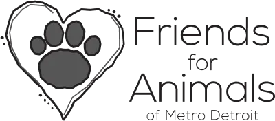 Heart outline enclosing a paw print next to the text 'Friends of Animals' in bold letters.