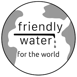 Black and white circular logo with text 'friendly water for the world'.