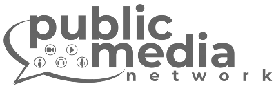 Public Media Network logo with stylized text and speech bubble design.