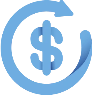 Blue circular arrow surrounding a dollar sign symbolizing currency or financial exchange.