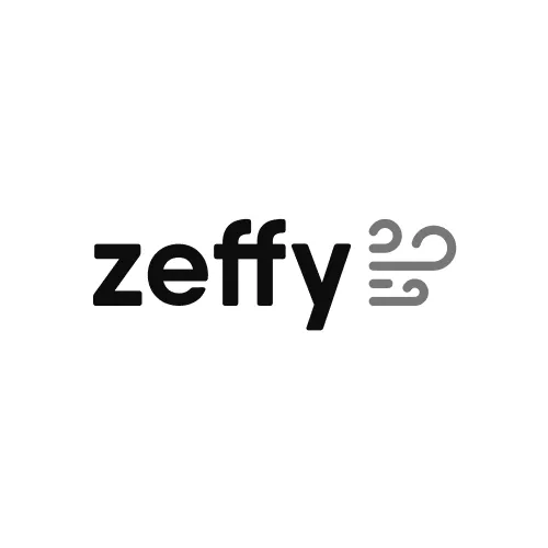 Black text logo reading 'zeffy' with a gray wind swirl icon to the right.