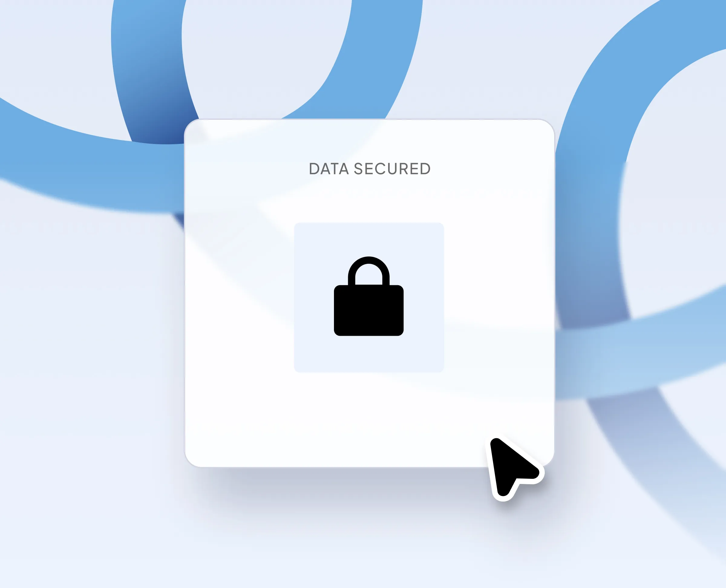 Digital interface showing a padlock icon with the text 'DATA SECURED' above it, with a cursor pointer nearby on a blue and white abstract background.