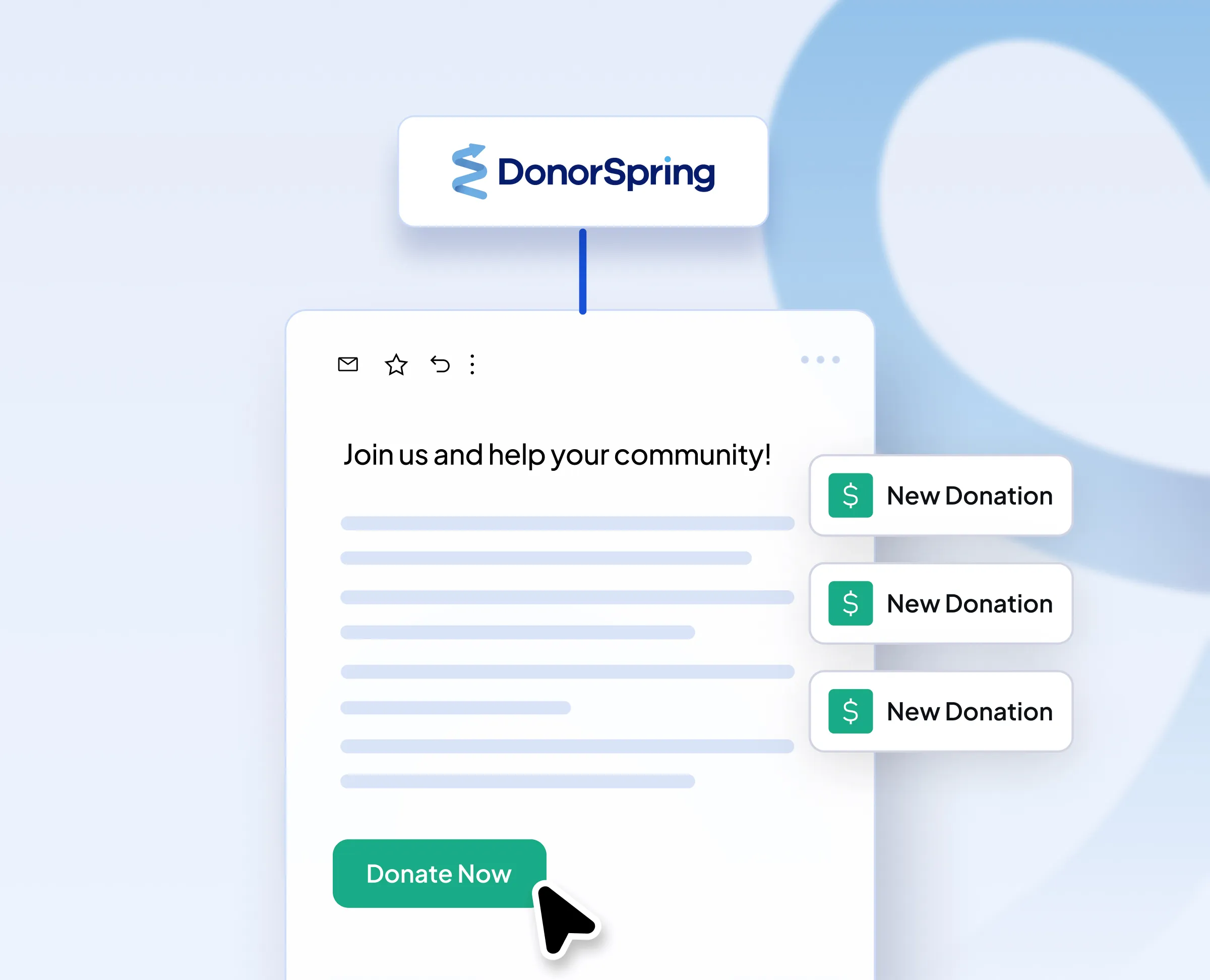 Donation email from DonorSpring with call to action button labeled Donate Now and three notifications for new donations.