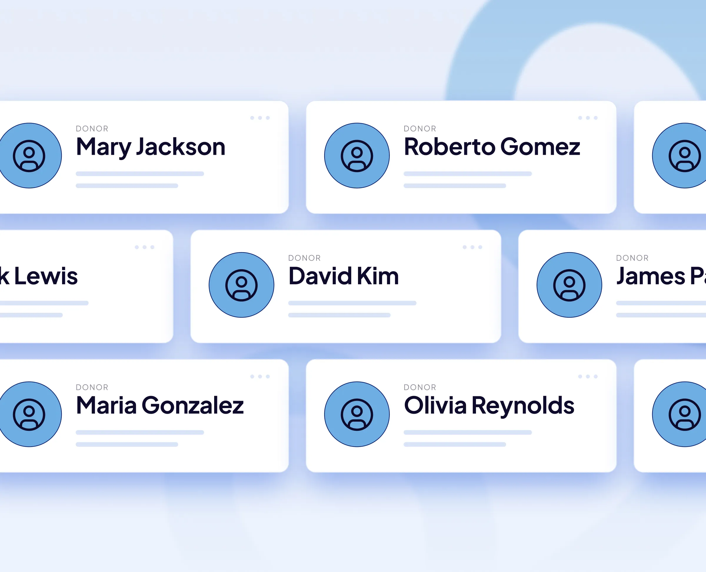 Digital donor cards with user icons featuring names like Mary Jackson, Roberto Gomez, David Kim, Maria Gonzalez, and Olivia Reynolds on a blue background.