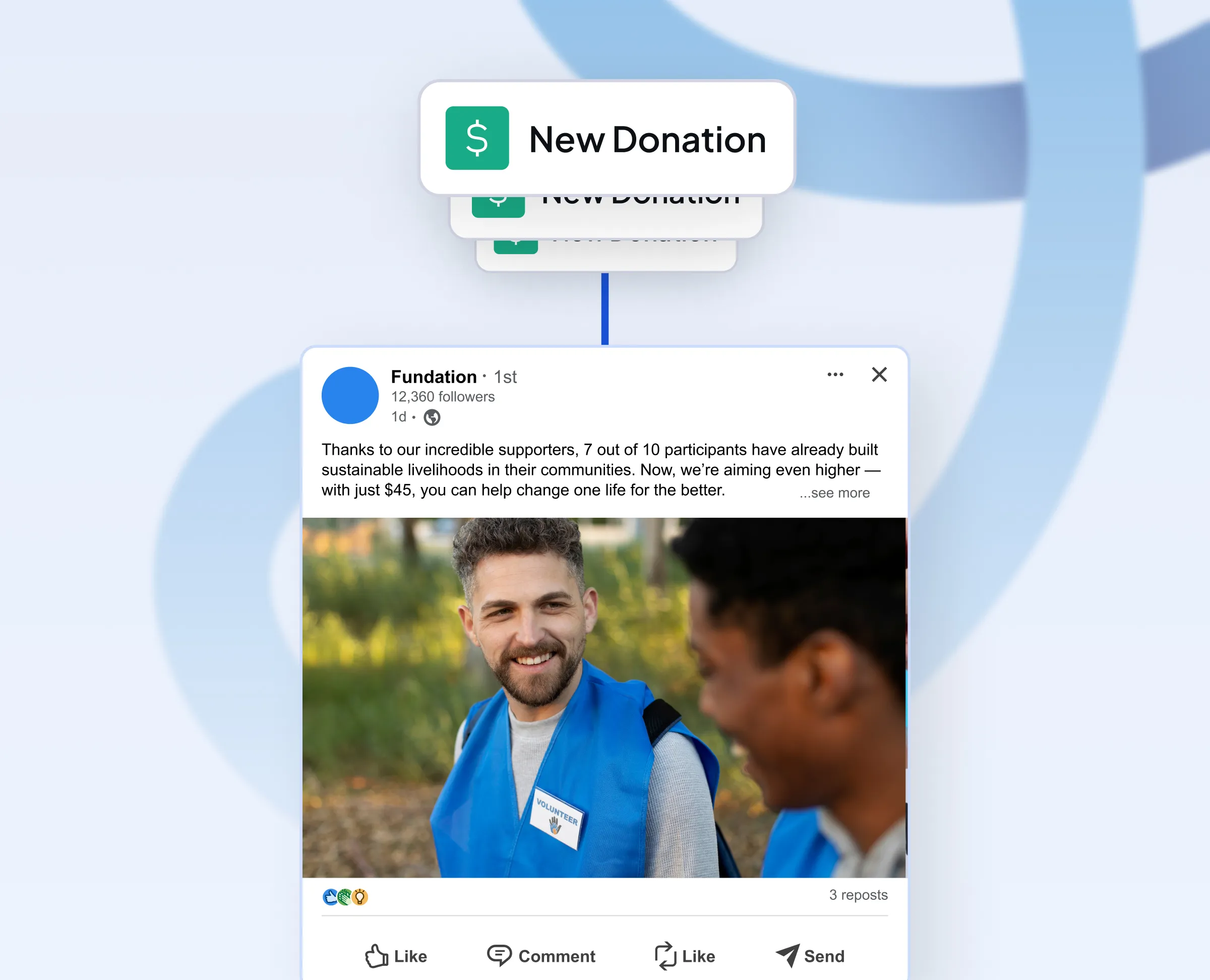 Social media post from Fondation showing two volunteers wearing blue vests talking outdoors.