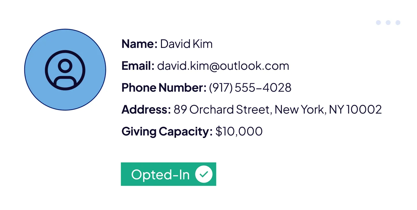 User profile with name David Kim, email david.kim@outlook.com, phone number (917) 555-4028, address 89 Orchard Street, New York, NY 10002, giving capacity $10,000, and an Opted-In status with a checkmark.