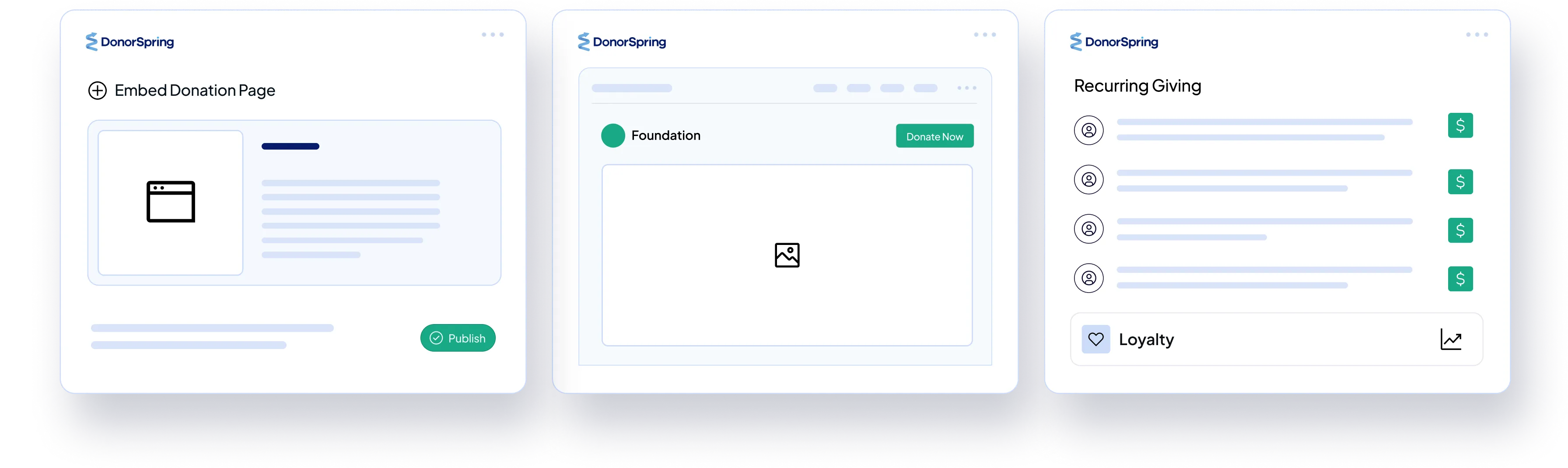 Three DonorSpring dashboard panels showing embed donation page, foundation donate now interface, and recurring giving with loyalty statistics.