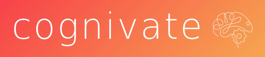 Cognivate text next to a brain and gear icon on an orange gradient background.