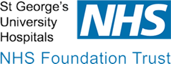 St George's University Hospitals NHS Foundation Trust logo with NHS letters in white on a blue background.