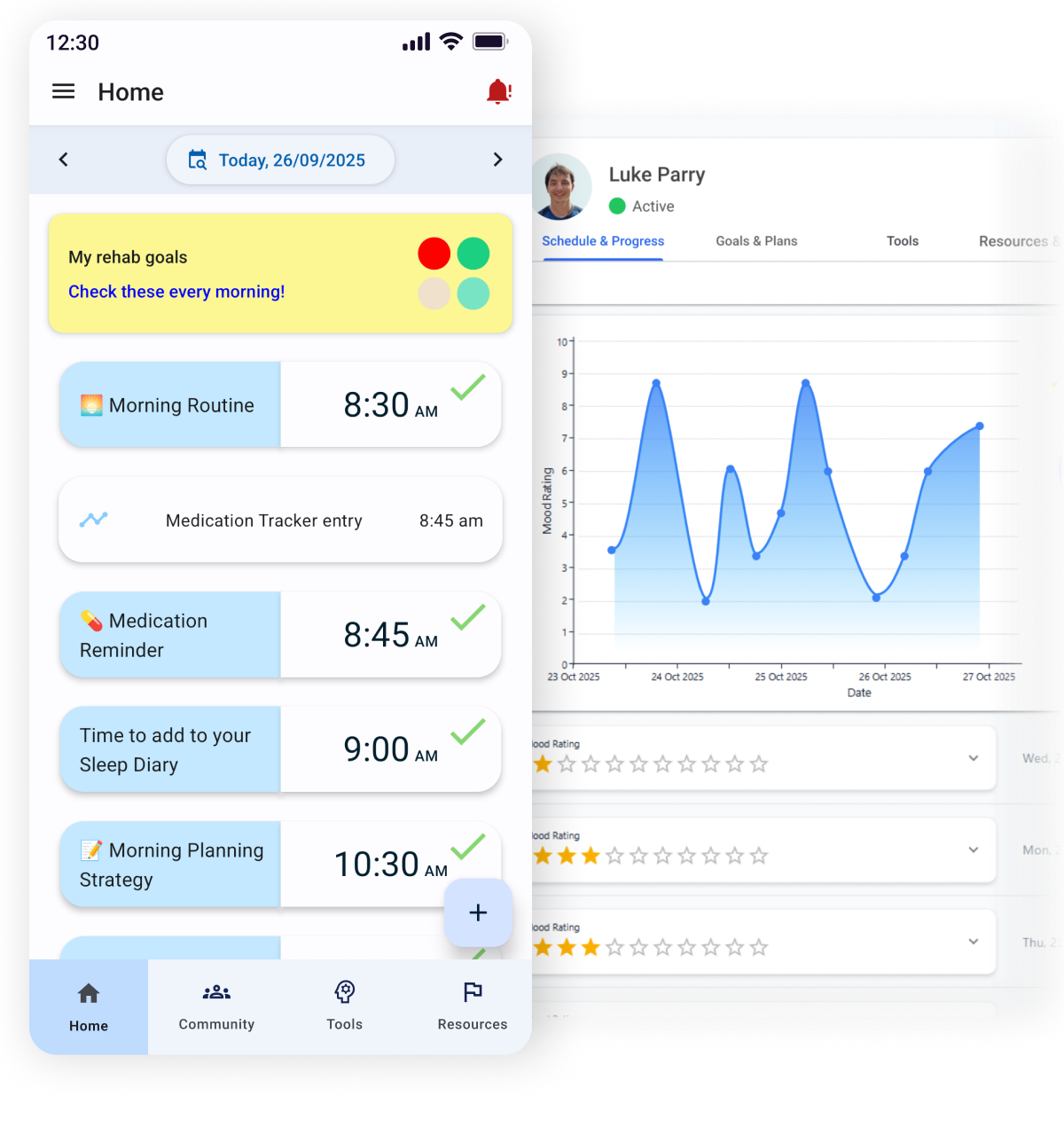 Mobile app home screen showing rehab goals checklist with morning routine, medication reminder, sleep diary, and planning strategy tasks completed on September 26, 2025, alongside a user profile with mood rating graph over several days.