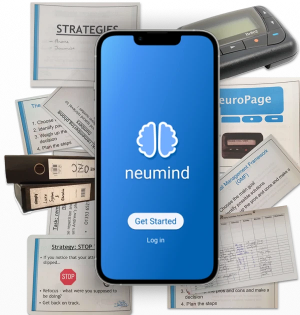Smartphone displaying neumind app with brain logo and options to Get Started or Log in, surrounded by documents, binders, and a pager.
