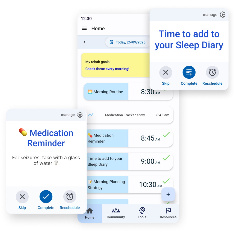 Mobile app screen showing a daily routine schedule with reminders for medication, sleep diary, and morning planning, with options to skip, complete, or reschedule tasks.