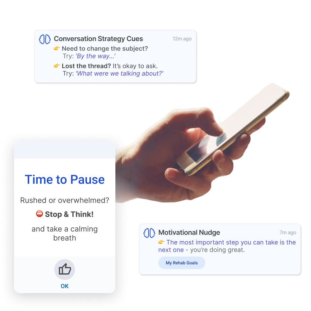 Hand holding a smartphone surrounded by conversation strategy and motivational nudge pop-ups, plus a 'Time to Pause' reminder to stop, think, and breathe when rushed.