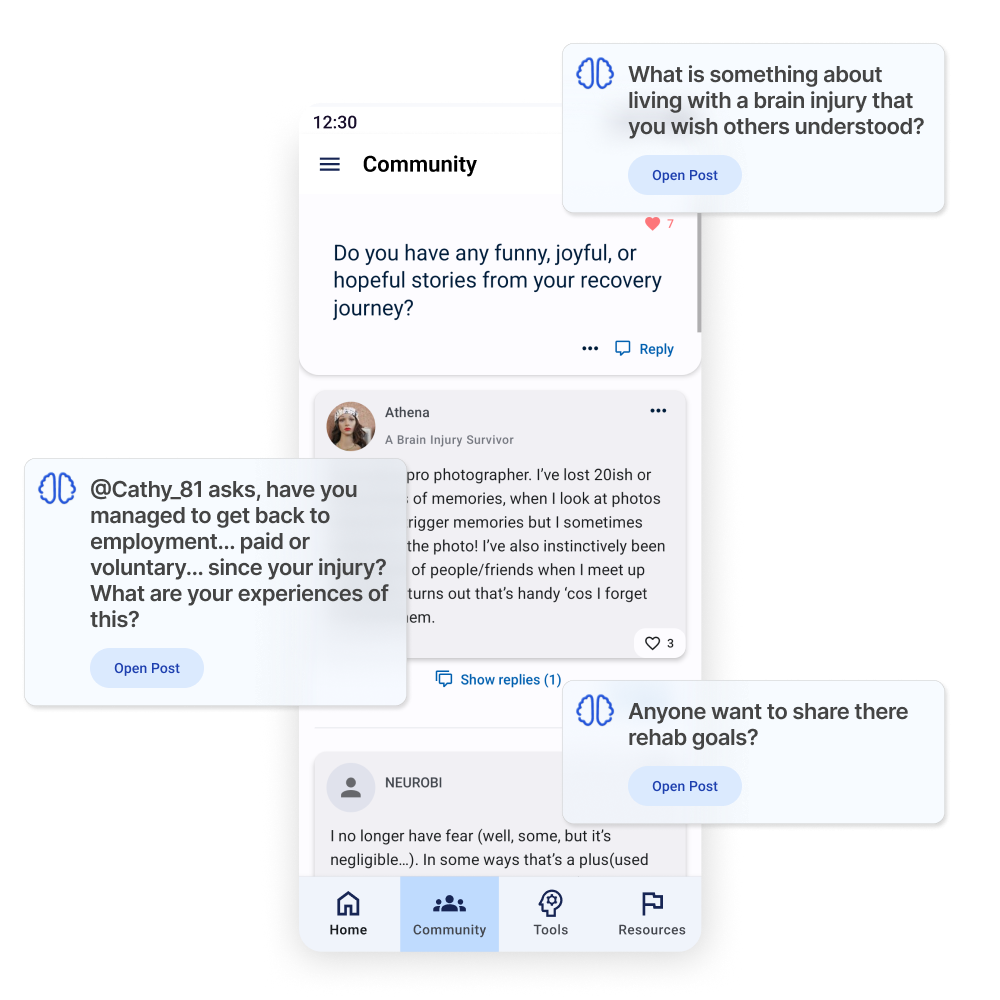 Mobile app screen showing a community forum for brain injury survivors with posts asking about recovery stories, employment after injury, understanding brain injury, and rehab goals.