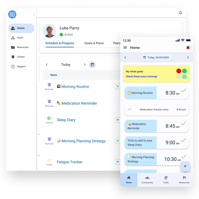 Screenshots of a digital health platform showing a client dashboard with schedule and progress tasks like morning routine, medication reminder, sleep diary, and fatigue tracker, alongside a mobile app interface displaying rehab goals and timed task reminders.