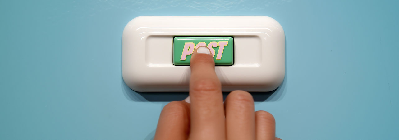 Finger pressing a green button labeled POST on a light blue background