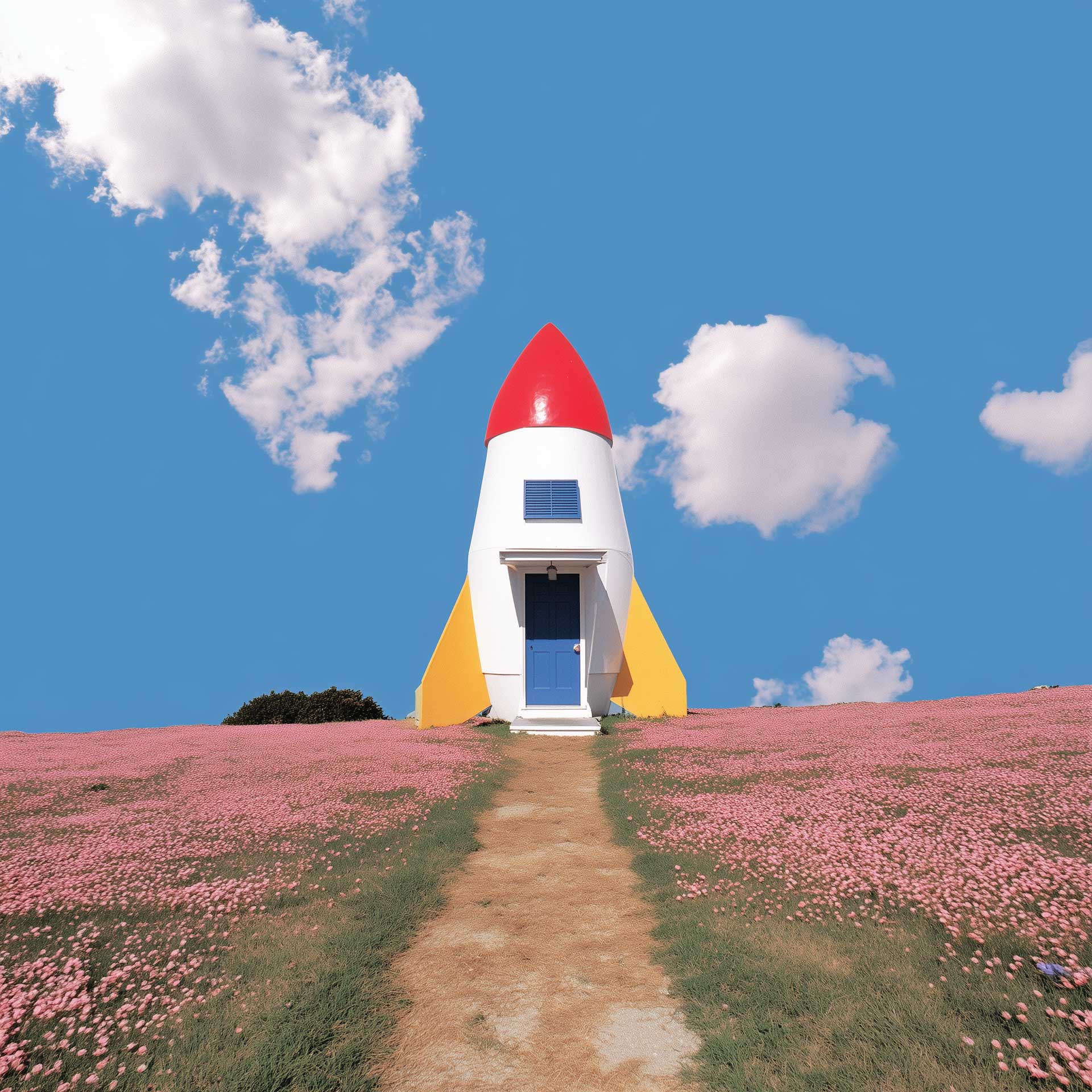 Small white rocket-shaped house with red top and blue door in a pink flower field under blue sky