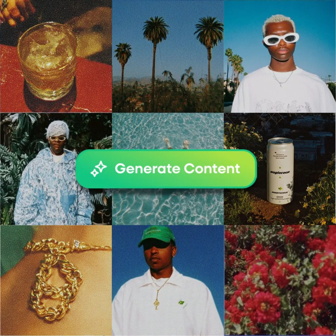 Collage of lifestyle images including a glass of drink, palm trees, two individuals wearing sunglasses and stylish clothes, a swimming pool, a drink can outdoors, gold chain jewelry, and red flowers.